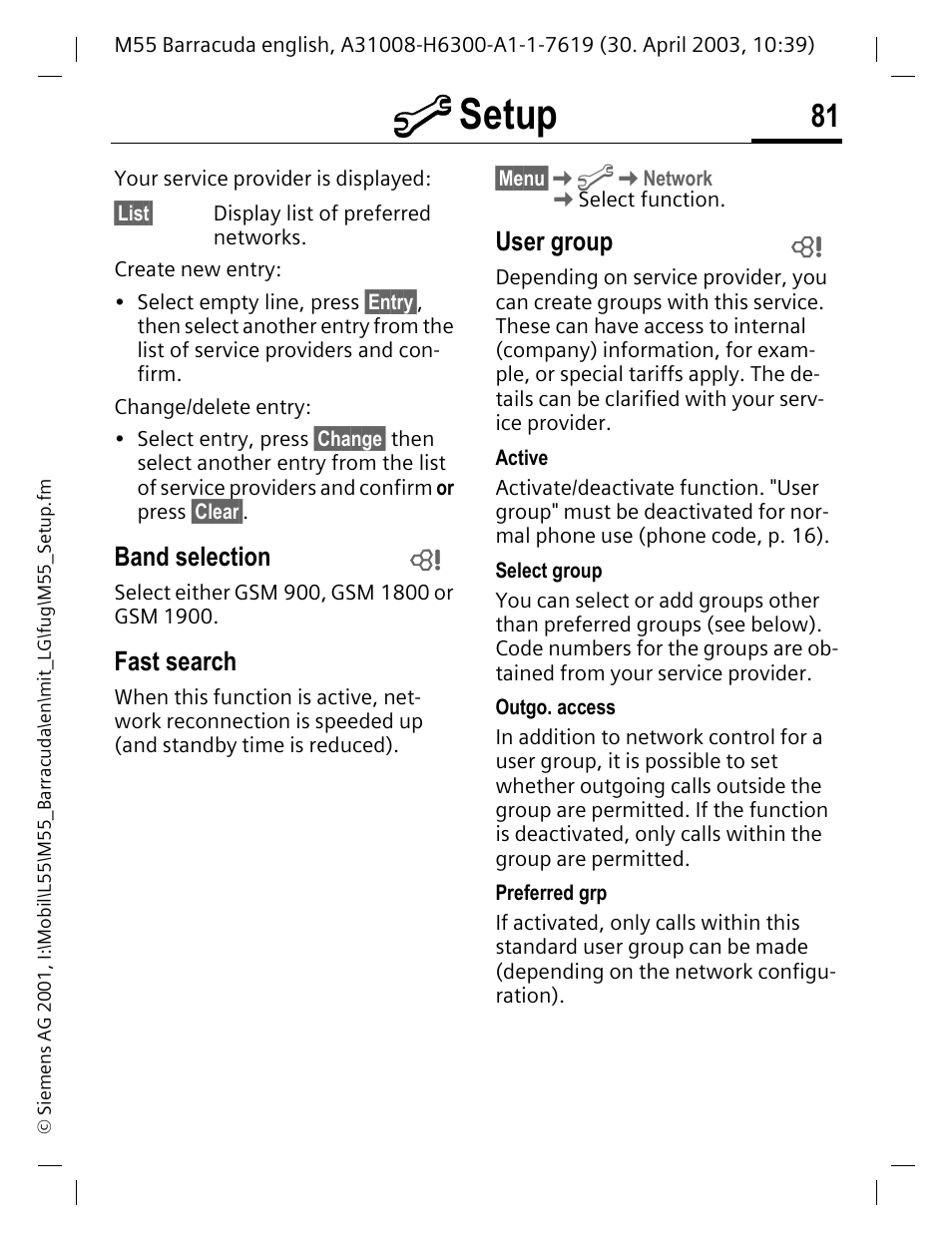 Band selection, Fast search, User group | M setup | Siemens M55 User Manual | Page 82 / 140