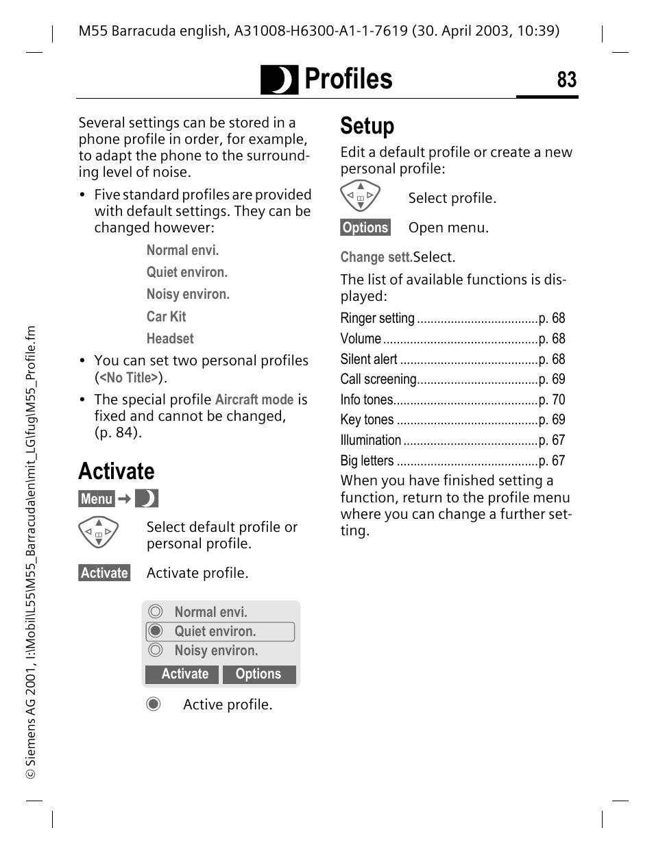 Profiles, Activate, Setup | Siemens M55 User Manual | Page 84 / 140