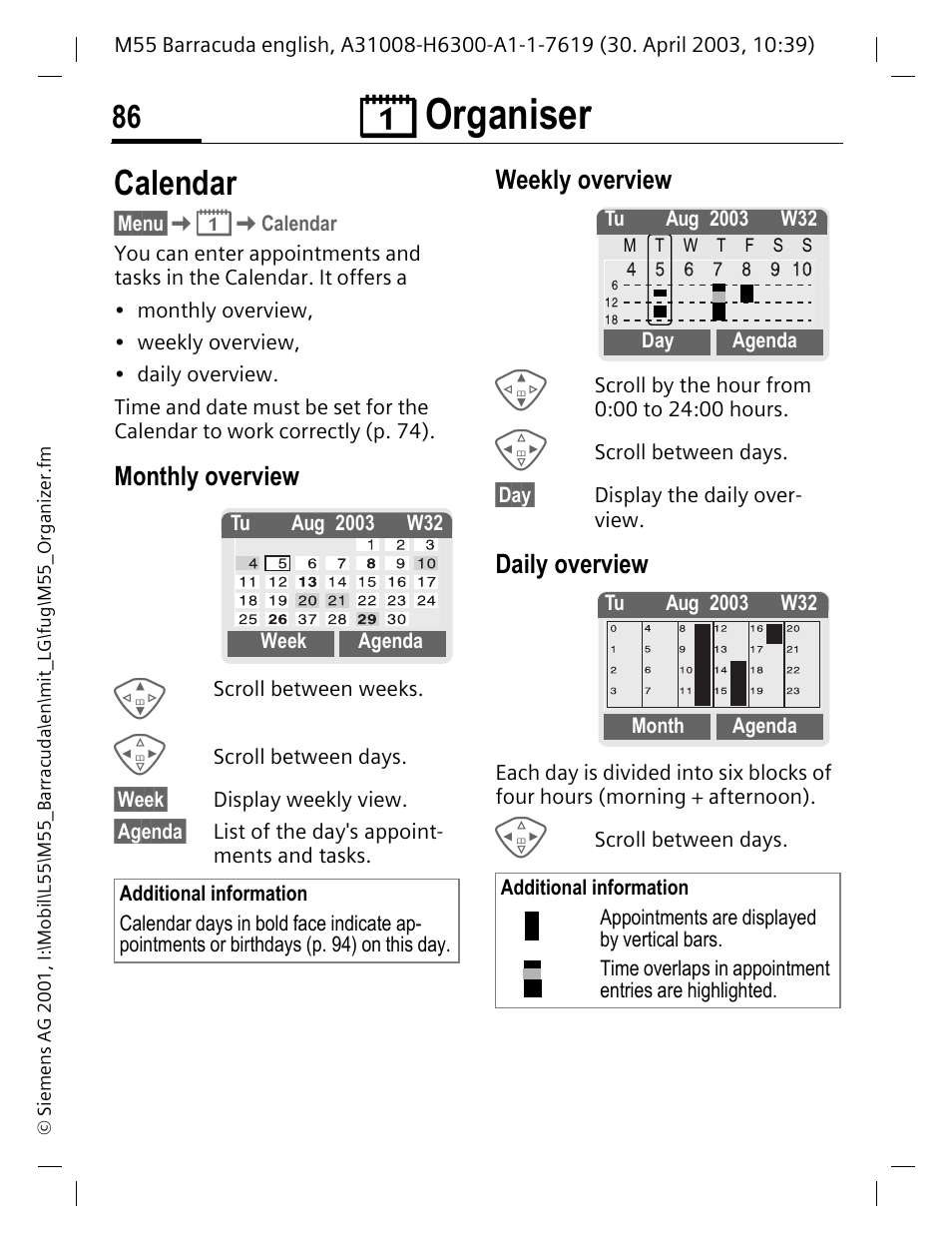 Á organiser, Calendar, Monthly overview | Weekly overview, Daily overview, Organ, Ç organiser | Siemens M55 User Manual | Page 87 / 140