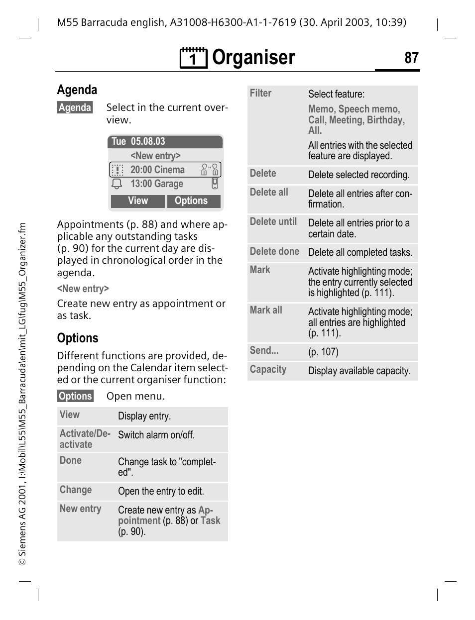 Options, Ç organiser, Agenda | Siemens M55 User Manual | Page 88 / 140