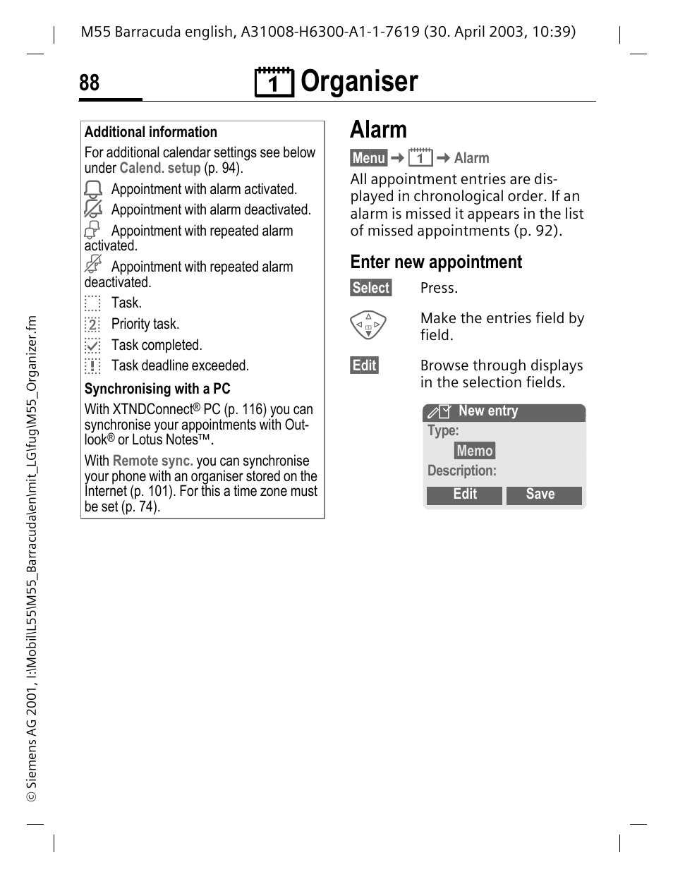 Enter new appointment, Alarm, Tments (p. 88) an | P. 88) o, Ç organiser | Siemens M55 User Manual | Page 89 / 140