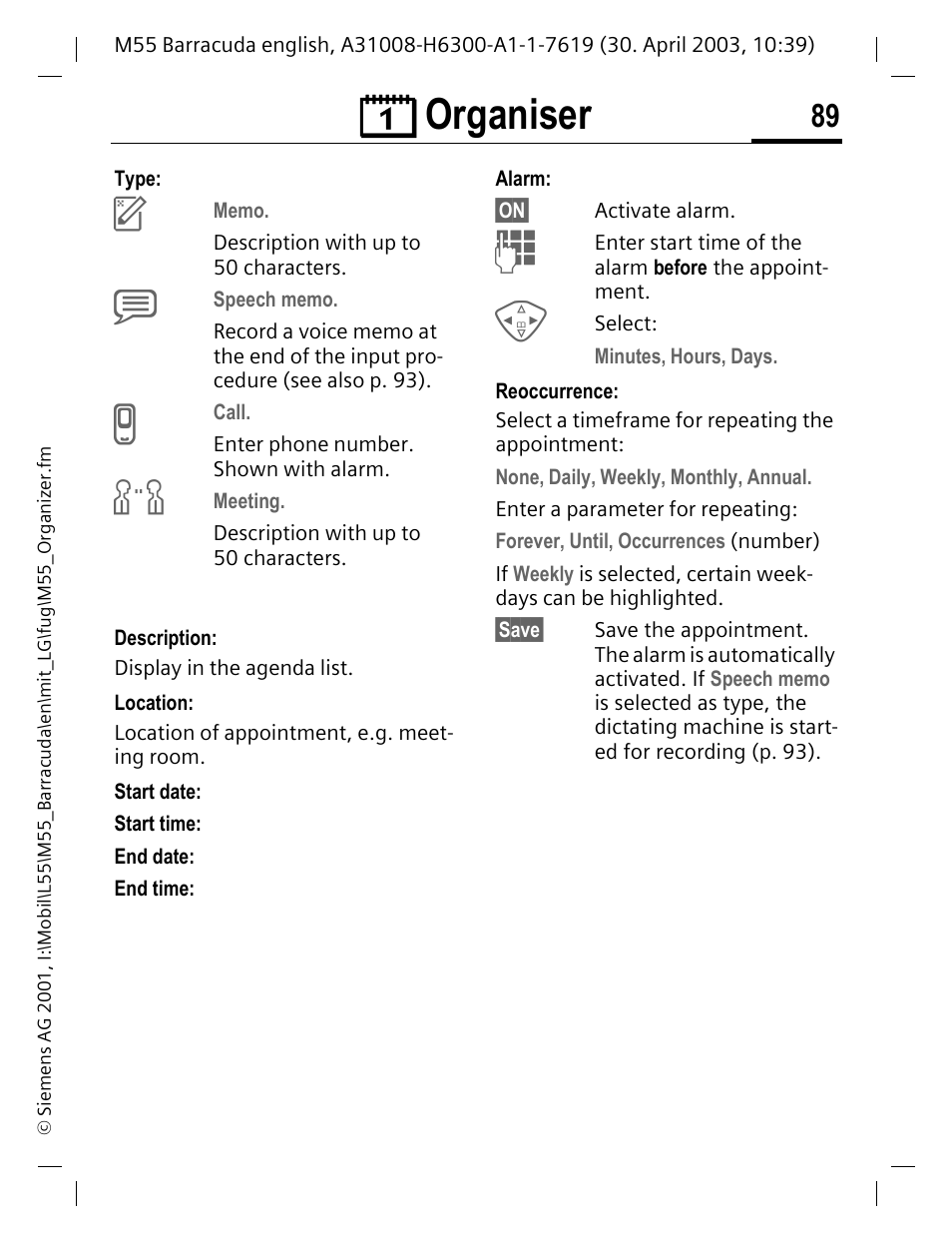 Ç organiser | Siemens M55 User Manual | Page 90 / 140