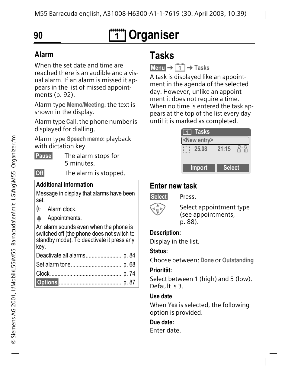 Enter new task, Tasks, P. 90) for the cur | P. 90), Ç organiser, Alarm | Siemens M55 User Manual | Page 91 / 140