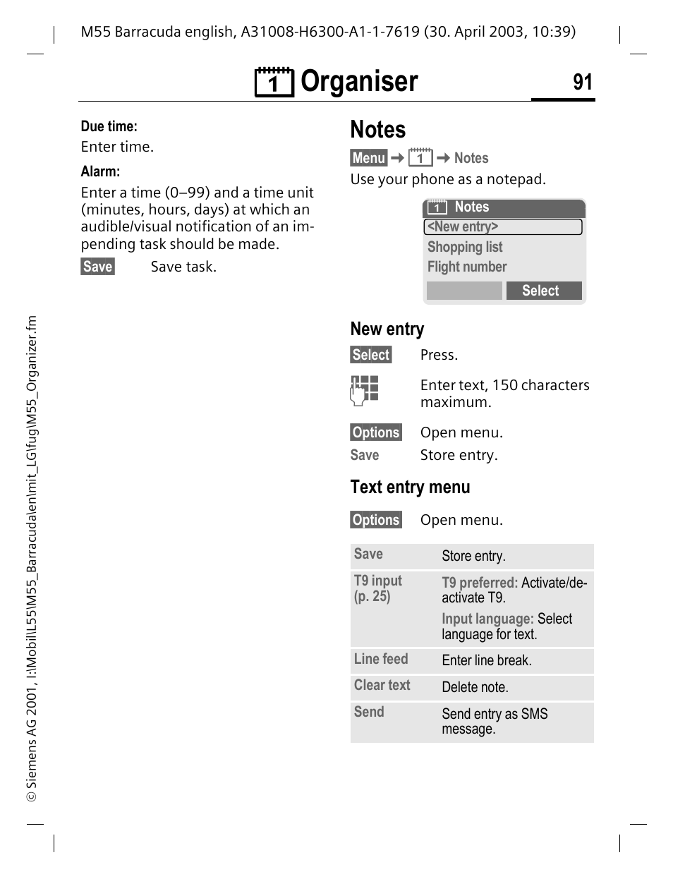 New entry, Text entry menu, Notes | Ç organiser | Siemens M55 User Manual | Page 92 / 140