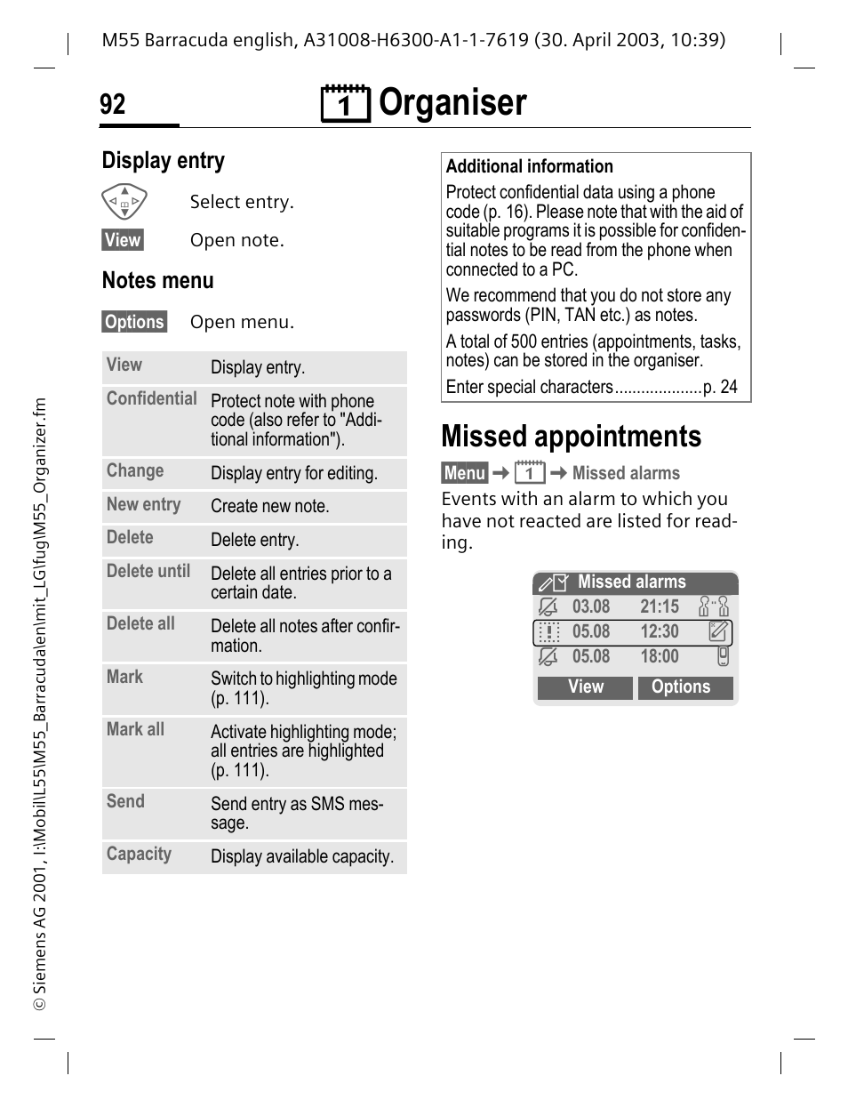Display entry, Notes menu, Missed appointments | Ts (p. 92), Ments (p. 92), Ç organiser | Siemens M55 User Manual | Page 93 / 140