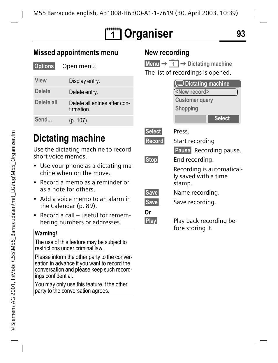 Dictating machine, Ç organiser, Missed appointments menu | New recording | Siemens M55 User Manual | Page 94 / 140