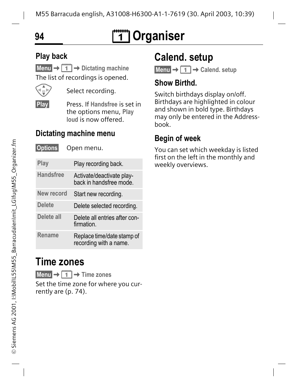 Dictating machine menu, Time zones, Show birthd | Begin of week, P. 94), Ç organiser, Calend. setup, Play back | Siemens M55 User Manual | Page 95 / 140
