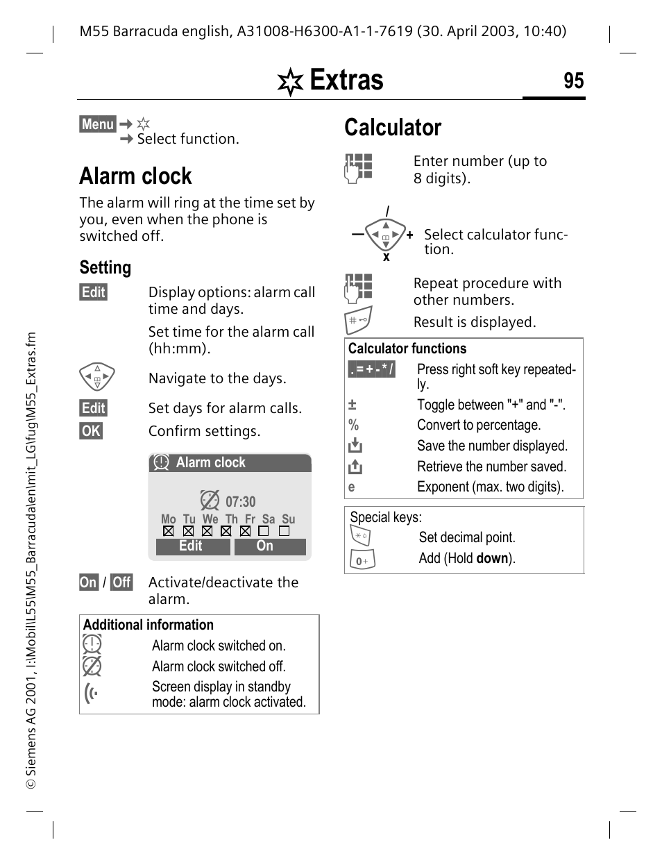 Extras, Alarm clock, Setting | Calculator | Siemens M55 User Manual | Page 96 / 140