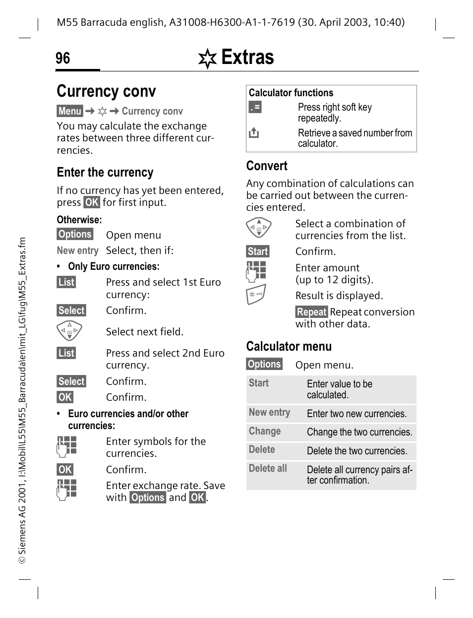 Enter the currency, Convert, Calculator menu | Currency conv, Extras | Siemens M55 User Manual | Page 97 / 140
