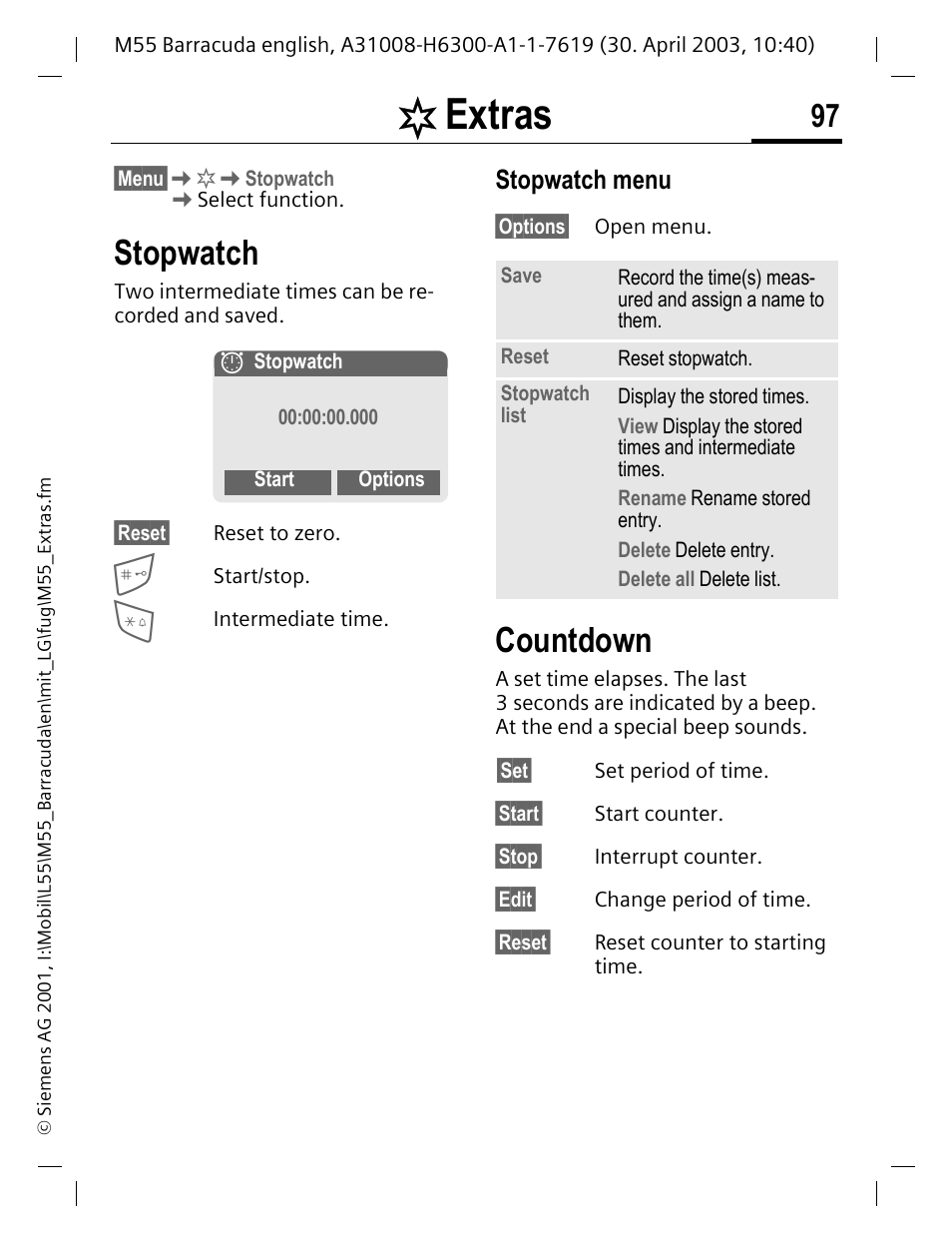 Stopwatch, Countdown, Extras | Stopwatch menu | Siemens M55 User Manual | Page 98 / 140