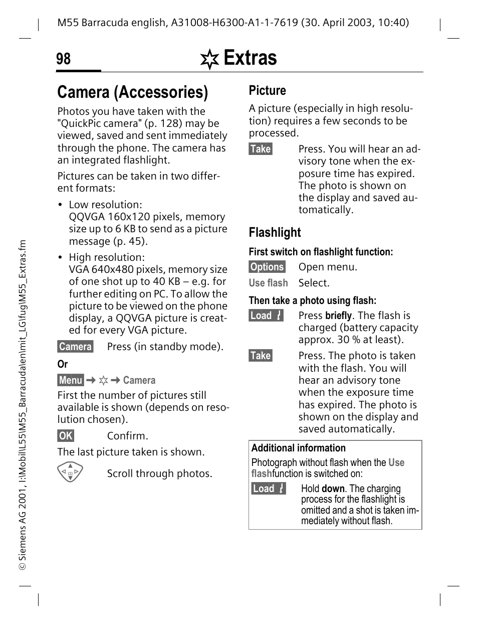 Flashlight, Camera (accessories), Extras | Picture | Siemens M55 User Manual | Page 99 / 140