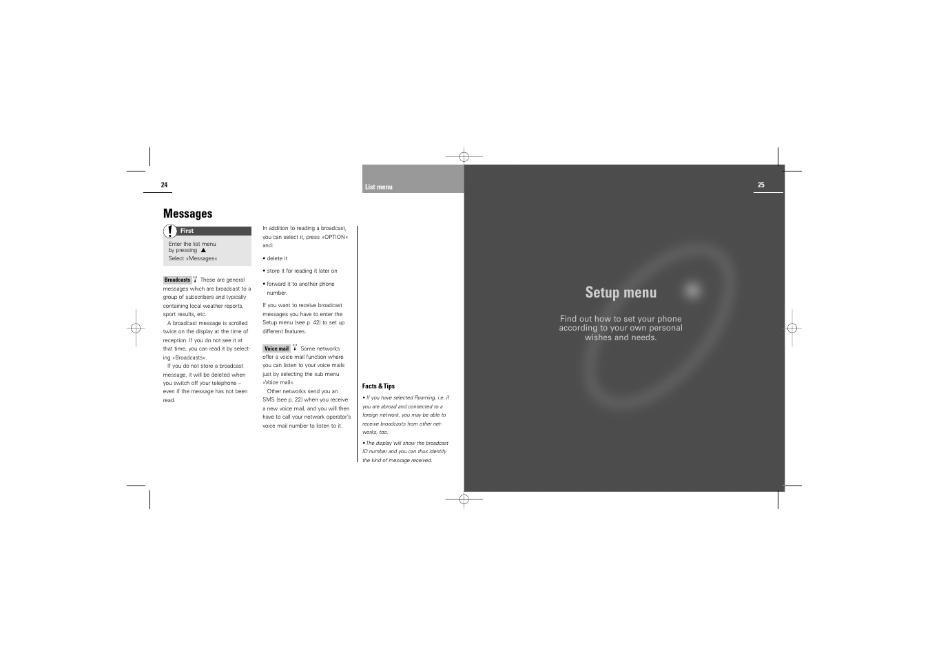 Setup menu, Messages | Siemens M30 User Manual | Page 14 / 31