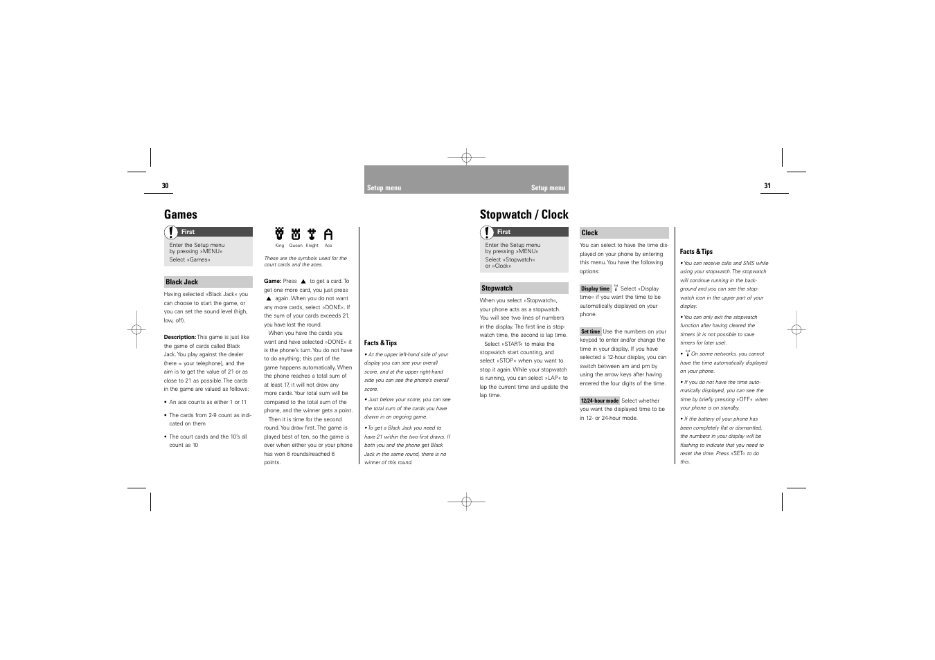 Stopwatch / clock, Games | Siemens M30 User Manual | Page 17 / 31