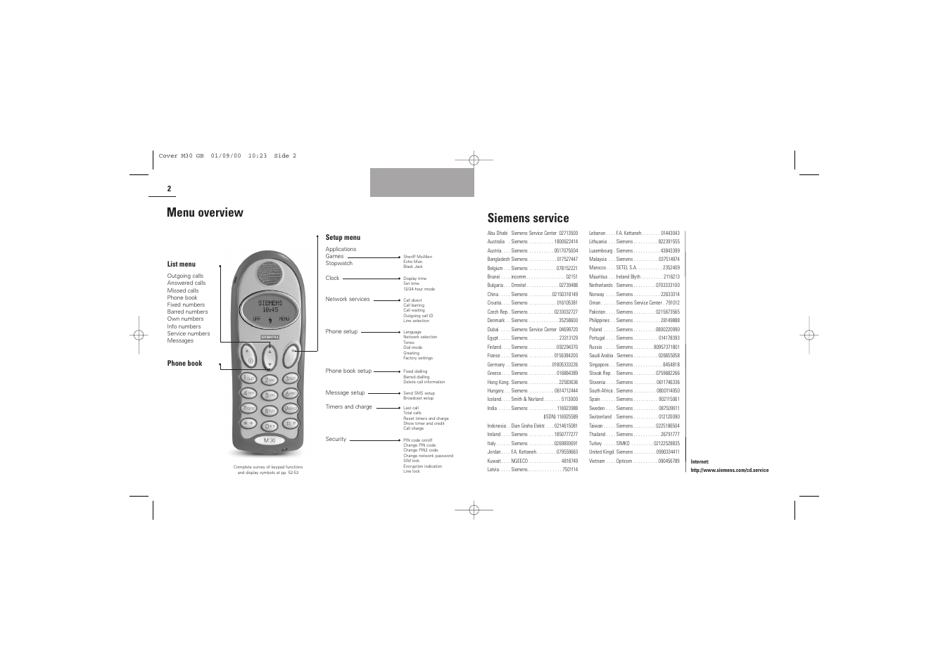 Menu overview, Siemens service | Siemens M30 User Manual | Page 2 / 31