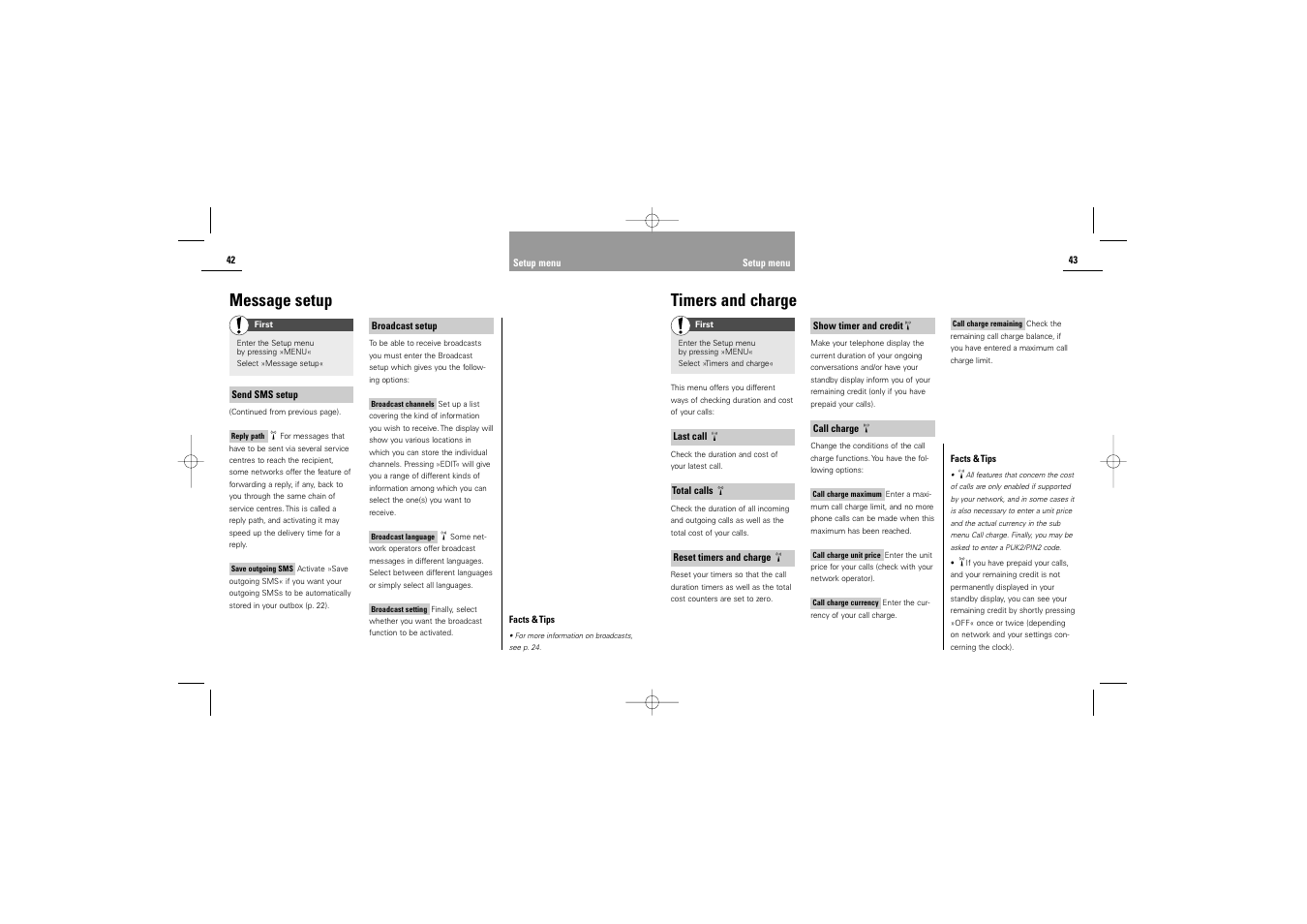 Timers and charge, Message setup | Siemens M30 User Manual | Page 23 / 31