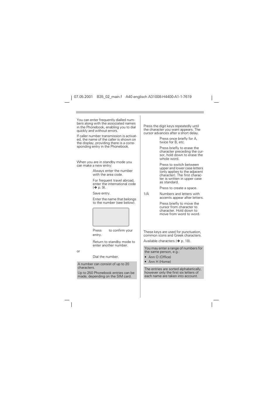 Phonebook, Saving numbers, P. 11) | Is displayed, P. 11, Writing names, Entering other characters | Siemens A40 User Manual | Page 12 / 43