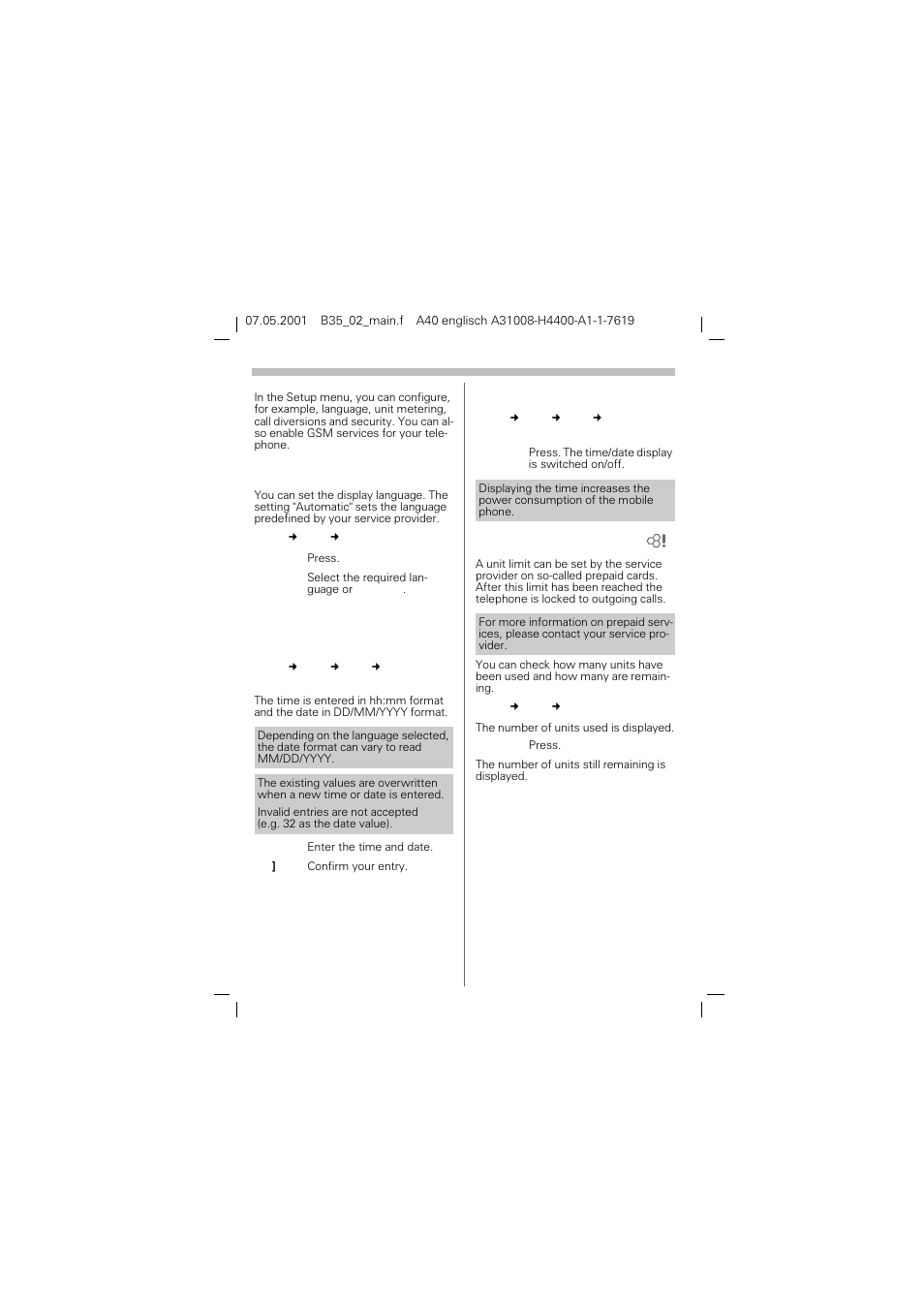 Setup, Language, Time | Charges, Language time charges, P. 27), yo, P. 27) | Siemens A40 User Manual | Page 28 / 43