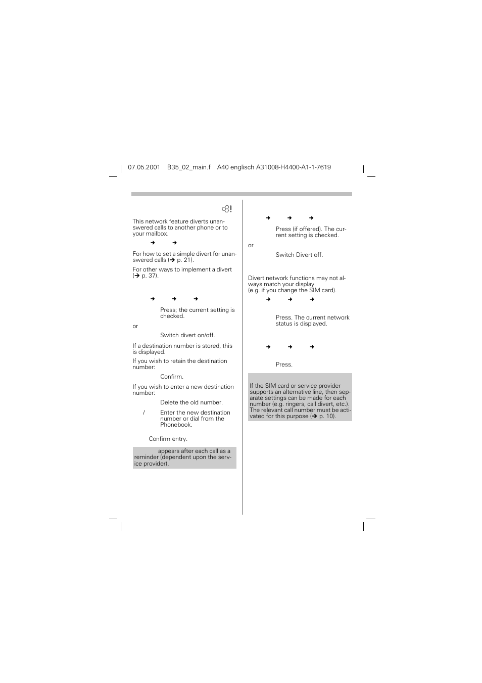 Divert, P. 28), Setup | Setting divert, Clearing divert, Check divert, Clear all diverts | Siemens A40 User Manual | Page 29 / 43