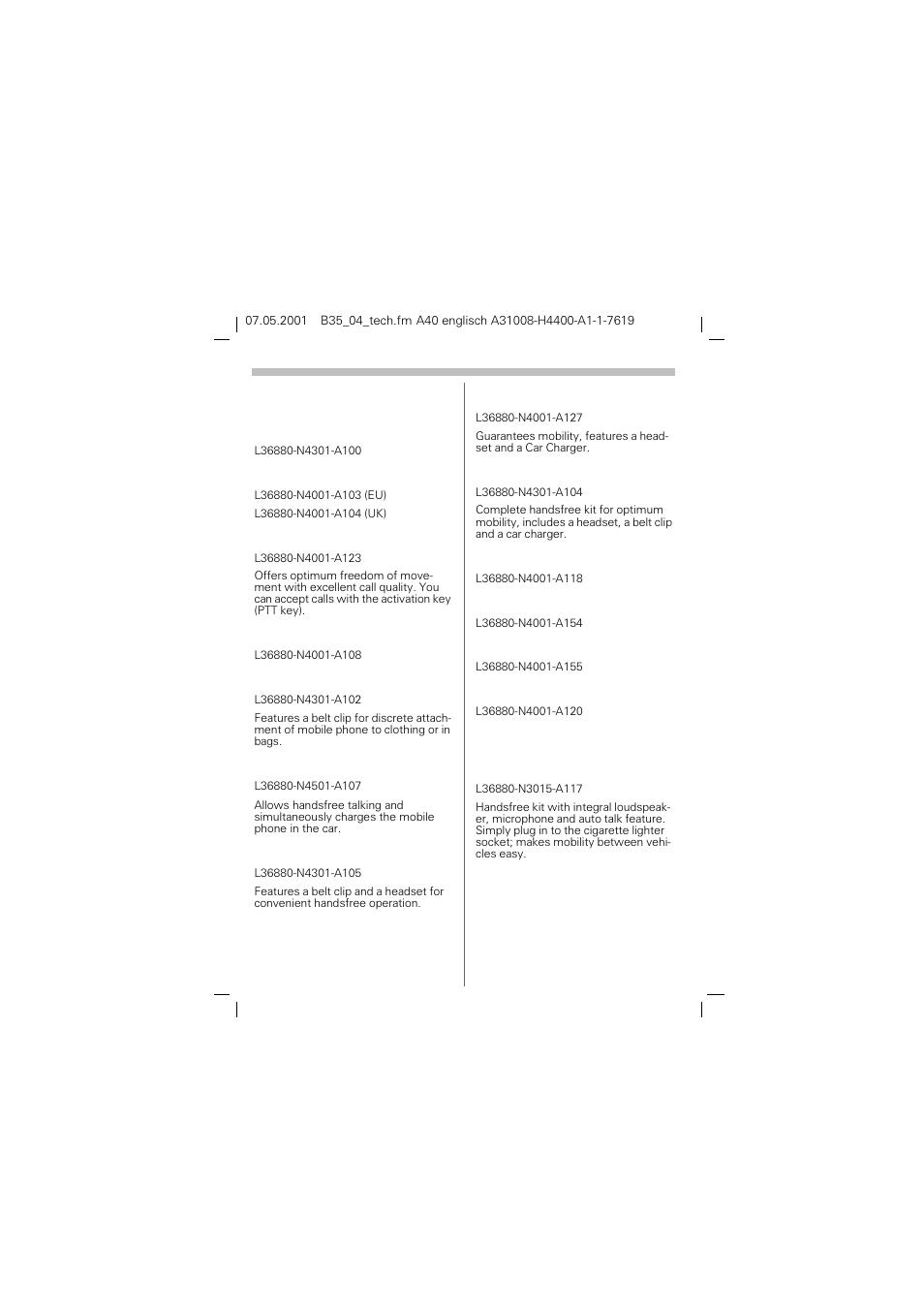 Accessories, Basics, Car solution | Basics car solution | Siemens A40 User Manual | Page 36 / 43