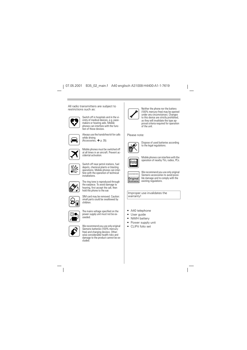 Safety, Package contents | Siemens A40 User Manual | Page 4 / 43