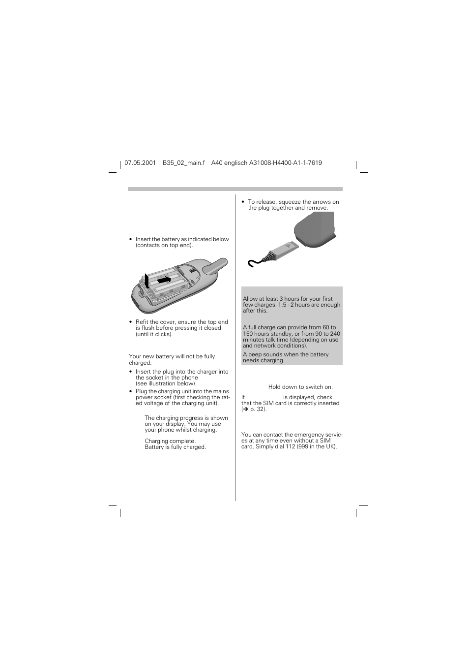Insert and charge battery, Switch telephone on, Emergency call | Getting started, Insert and charge battery | Siemens A40 User Manual | Page 8 / 43