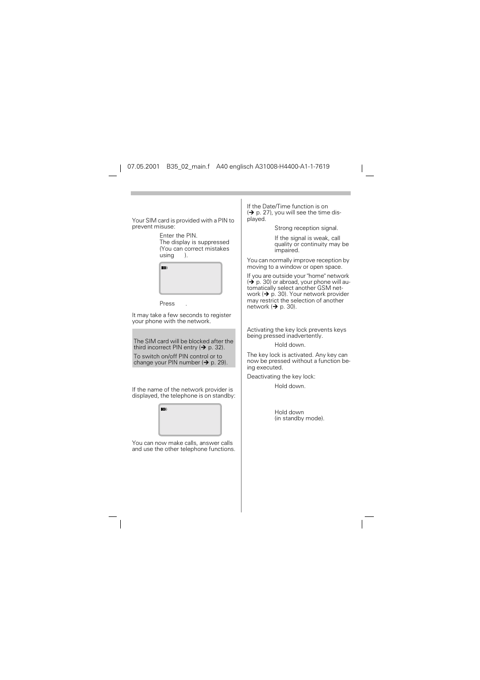 Enter pin, Standby mode, Switch telephone off | Enter pin 7. standby mode 8. switch telephone off, Getting started, Key lock | Siemens A40 User Manual | Page 9 / 43