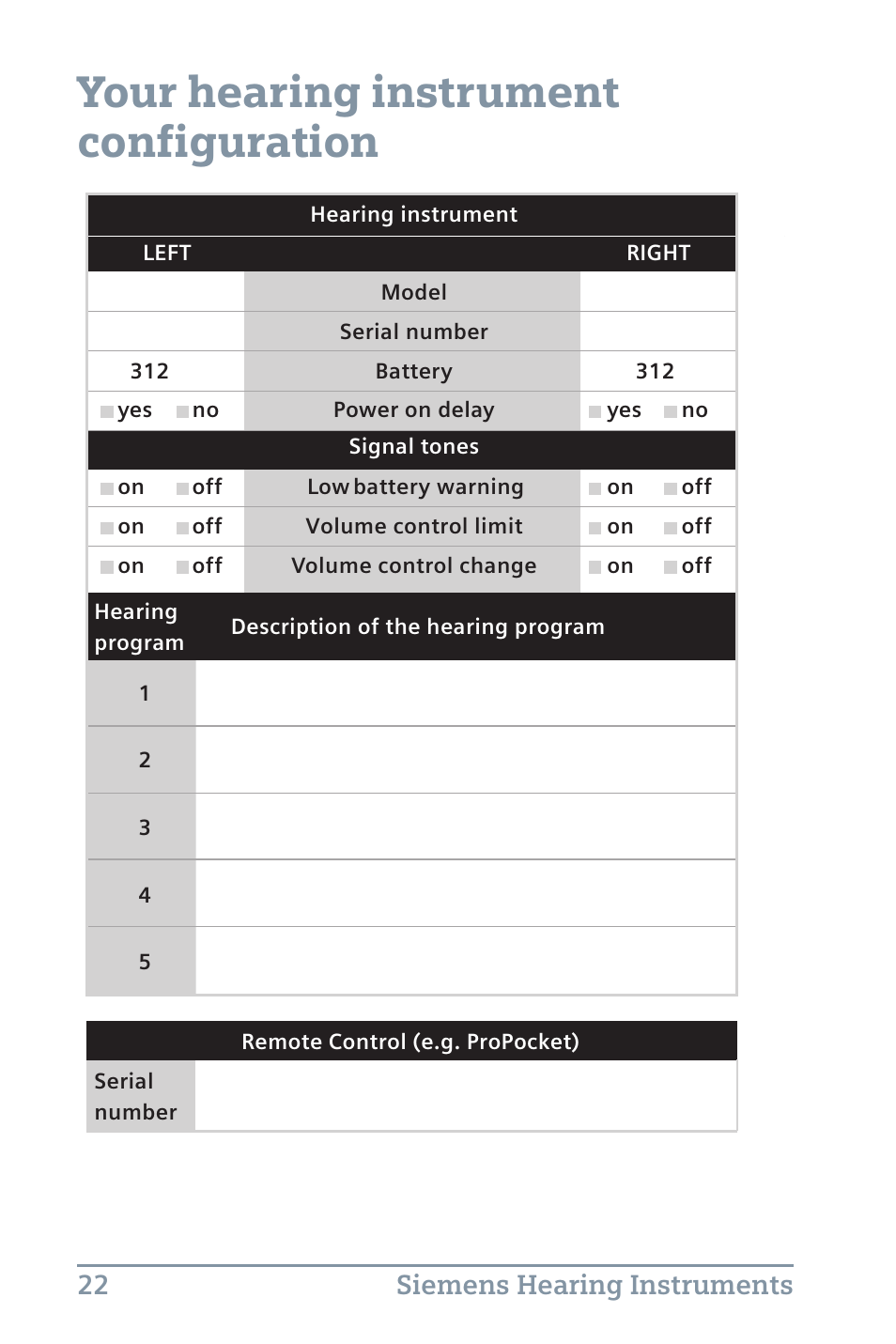 Your hearing instrument configuration, 22 siemens hearing instruments | Siemens Life 500 User Manual | Page 26 / 27