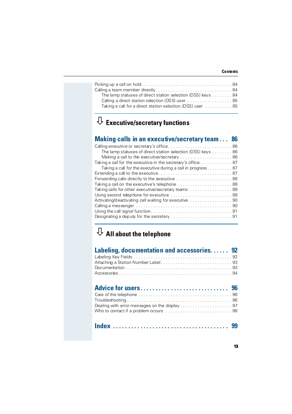 Advice for users, Index | Siemens Hicom 300 E User Manual | Page 13 / 106