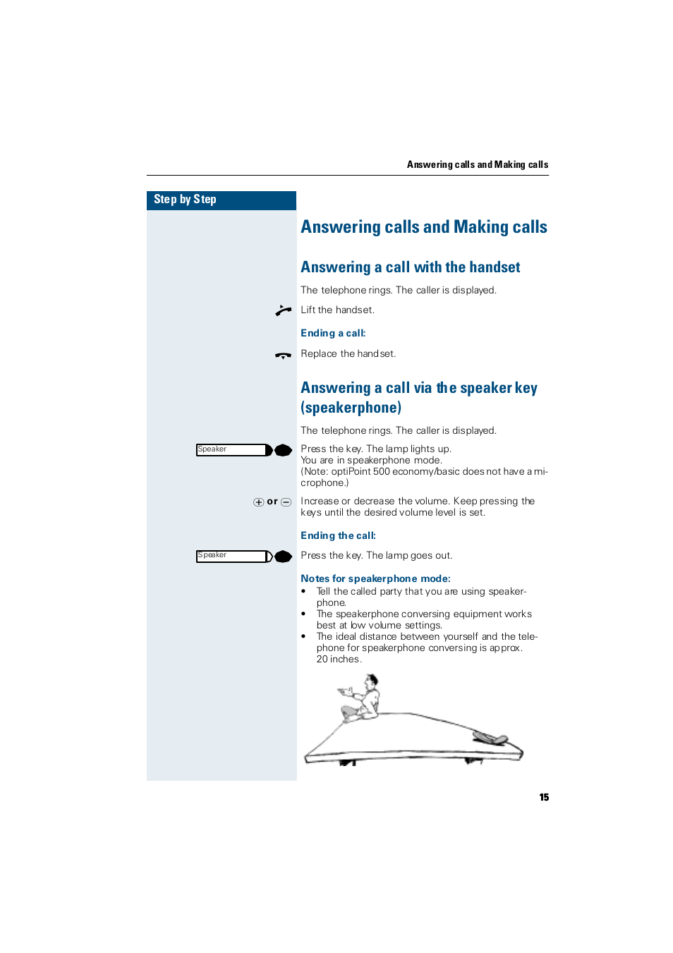 Answering calls and making calls, Answering a call with the handset, Ending a call | Ending the call, Notes for speakerphone mode | Siemens Hicom 300 E User Manual | Page 15 / 106