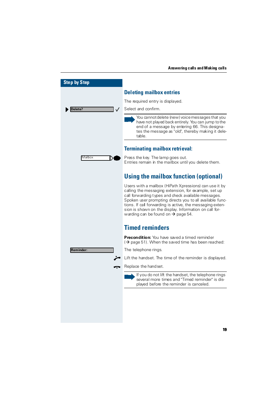 Deleting mailbox entries, Terminating mailbox retrieval, Using the mailbox function (optional) | Timed reminders | Siemens Hicom 300 E User Manual | Page 19 / 106