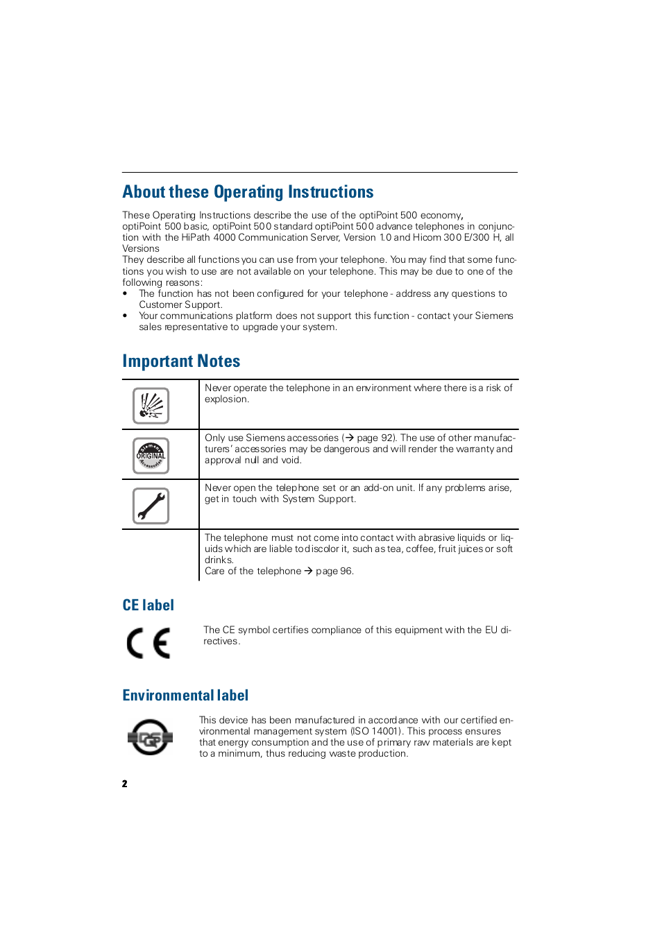 About these operating instructions, Ce label environmental label | Siemens Hicom 300 E User Manual | Page 2 / 106