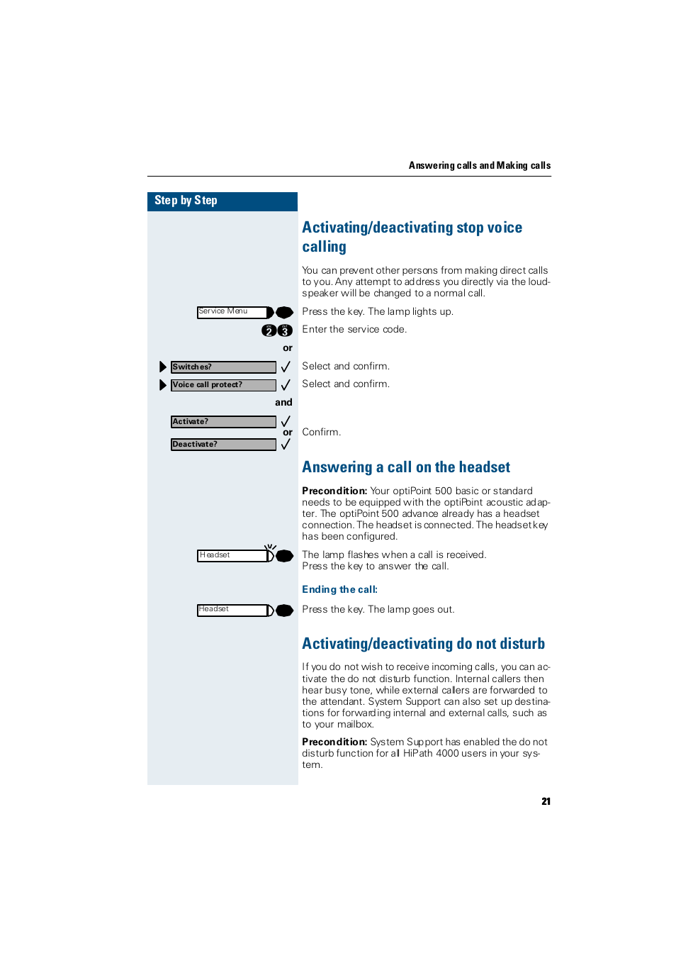 Activating/deactivating stop voice calling, Answering a call on the headset, Ending the call | Activating/deactivating do not disturb | Siemens Hicom 300 E User Manual | Page 21 / 106