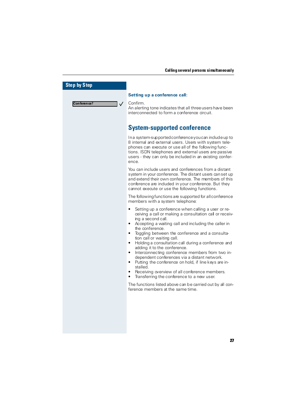 Setting up a conference call, System-supported conference | Siemens Hicom 300 E User Manual | Page 27 / 106