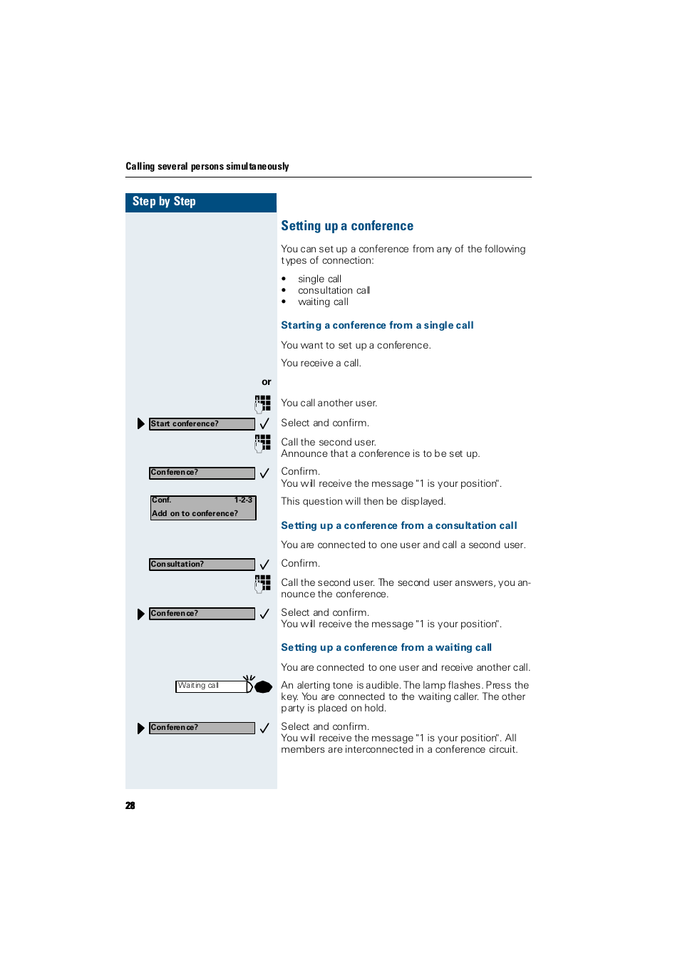 Setting up a conference, Starting a conference from a single call, Setting up a conference from a consultation call | Setting up a conference from a waiting call | Siemens Hicom 300 E User Manual | Page 28 / 106