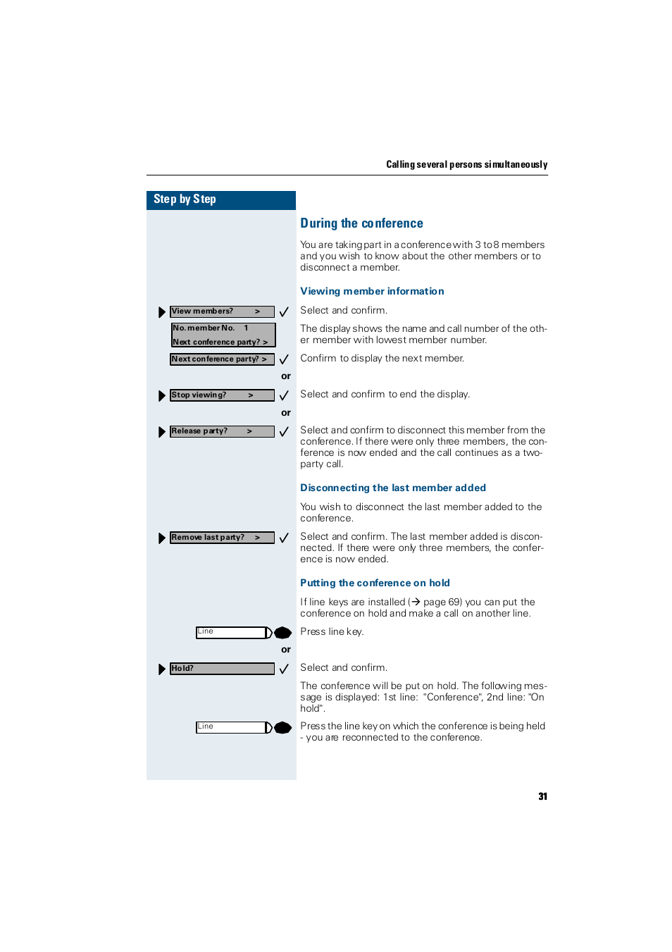 During the conference, Viewing member information, Disconnecting the last member added | Putting the conference on hold, Step by step | Siemens Hicom 300 E User Manual | Page 31 / 106