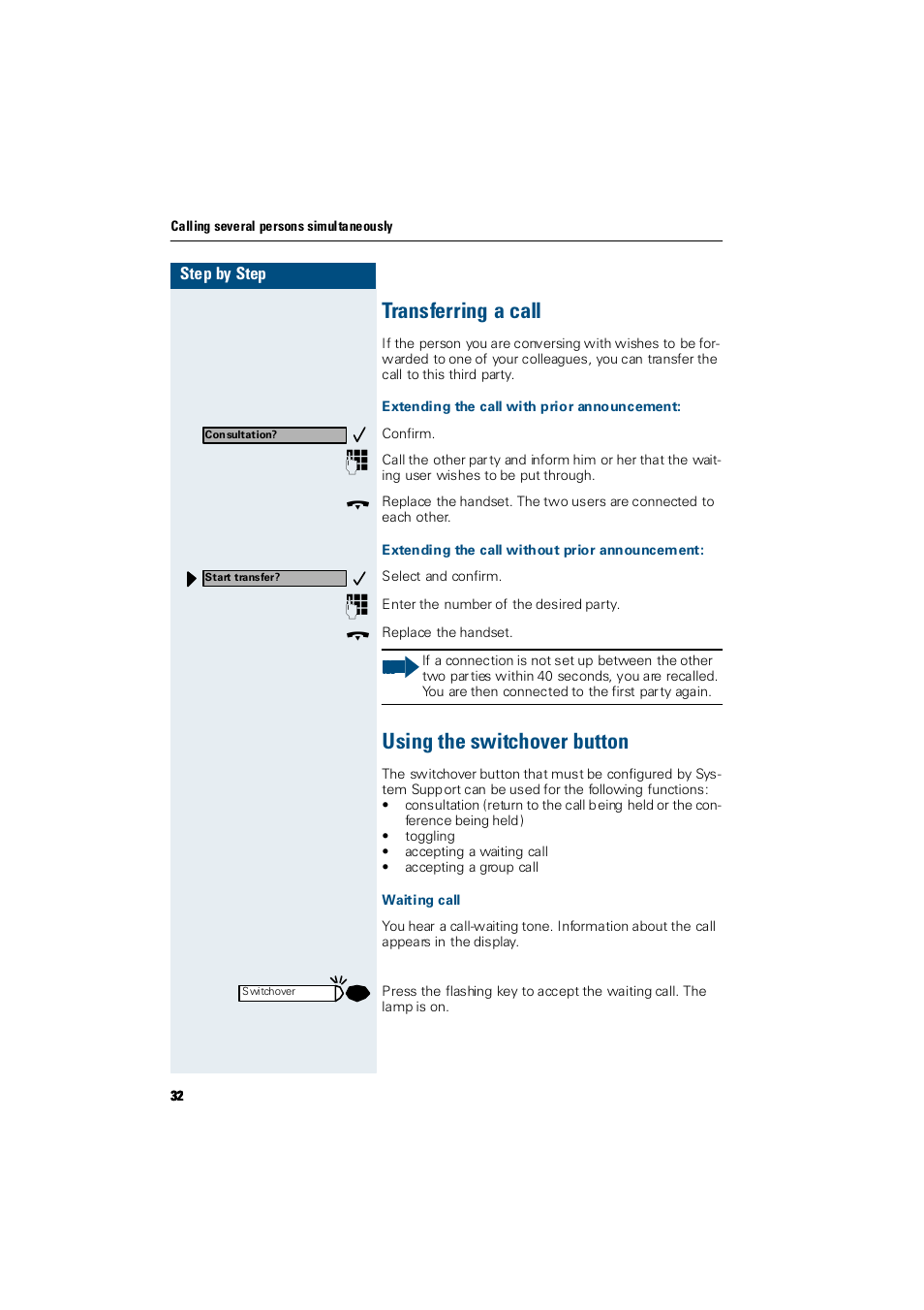 Transferring a call, Extending the call with prior announcement, Extending the call without prior announcement | Using the switchover button, Waiting call, Transferring a call using the switchover button | Siemens Hicom 300 E User Manual | Page 32 / 106