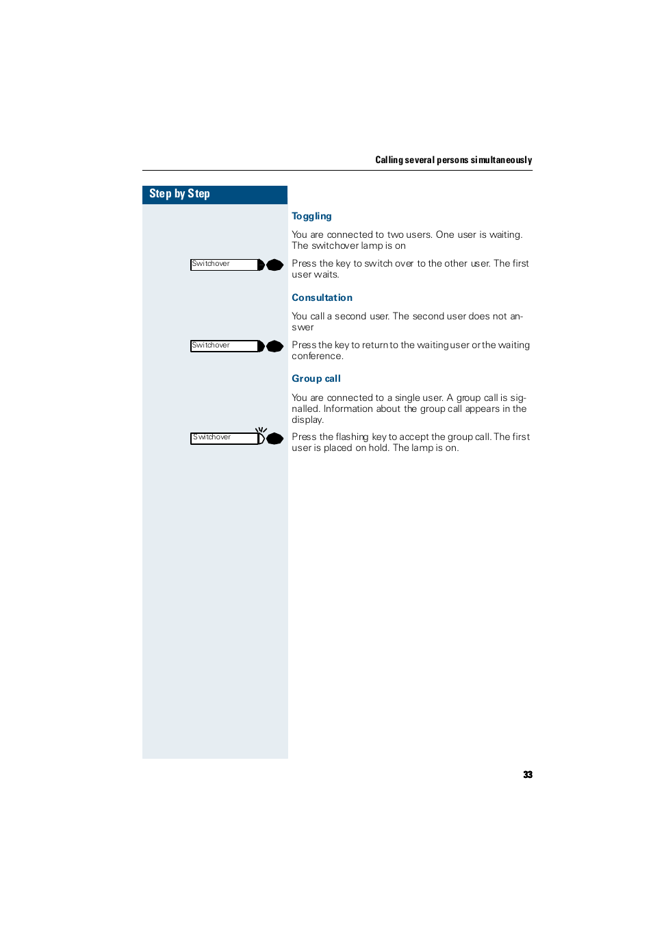 Toggling, Consultation, Group call | Siemens Hicom 300 E User Manual | Page 33 / 106