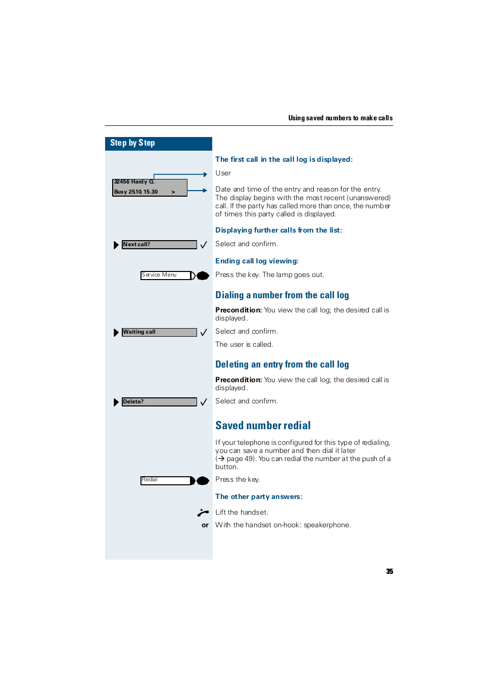 The first call in the call log is displayed, Displaying further calls from the list, Ending call log viewing | Dialing a number from the call log, Deleting an entry from the call log, Saved number redial, The other party answers | Siemens Hicom 300 E User Manual | Page 35 / 106