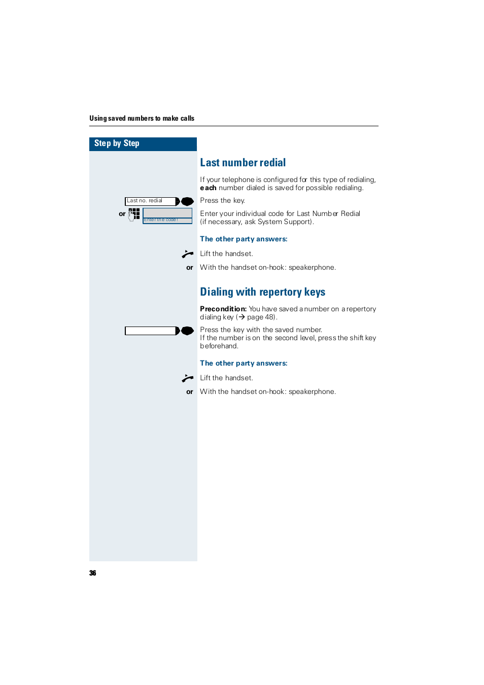 Last number redial, The other party answers, Dialing with repertory keys | Last number redial dialing with repertory keys | Siemens Hicom 300 E User Manual | Page 36 / 106