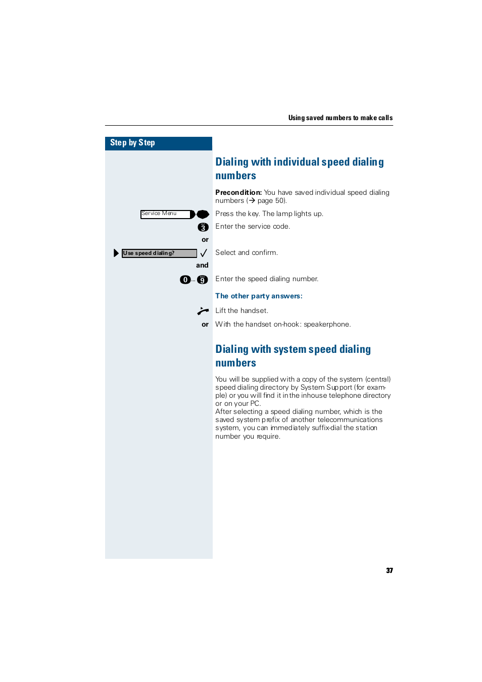 Dialing with individual speed dialing numbers, The other party answers, Dialing with system speed dialing numbers | Siemens Hicom 300 E User Manual | Page 37 / 106