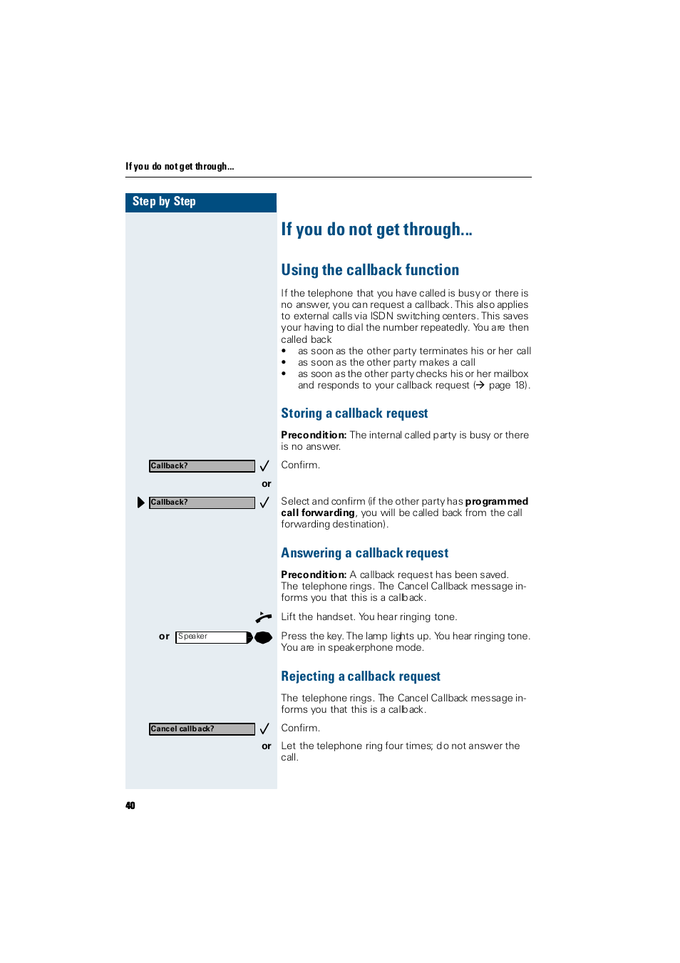 If you do not get through, Using the callback function, Storing a callback request | Answering a callback request, Rejecting a callback request, Tion | Siemens Hicom 300 E User Manual | Page 40 / 106