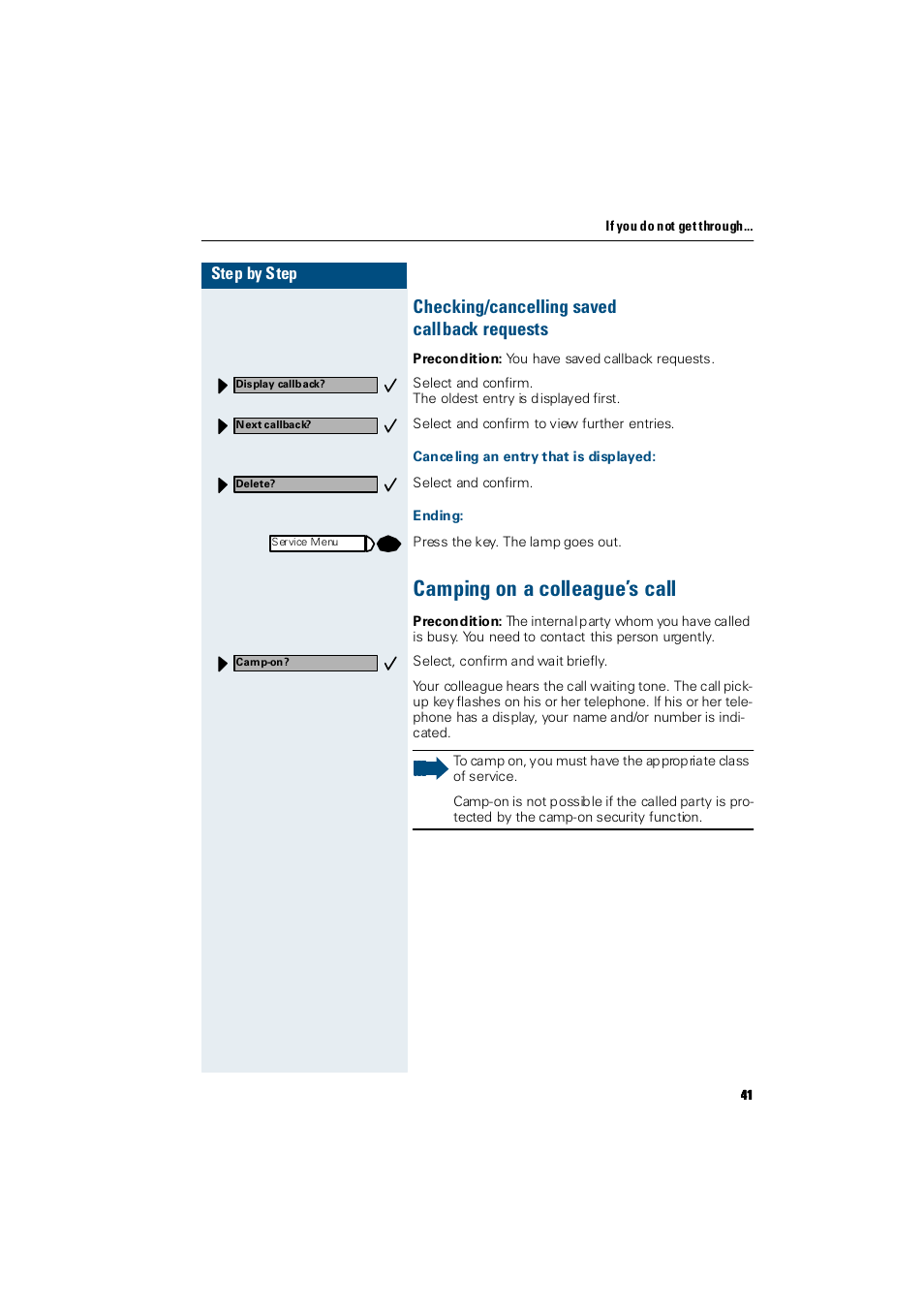 Checking/cancelling saved callbackrequests, Canceling an entry that is displayed, Ending | Camping on a colleague’s call, Checking/cancelling saved callback requests | Siemens Hicom 300 E User Manual | Page 41 / 106