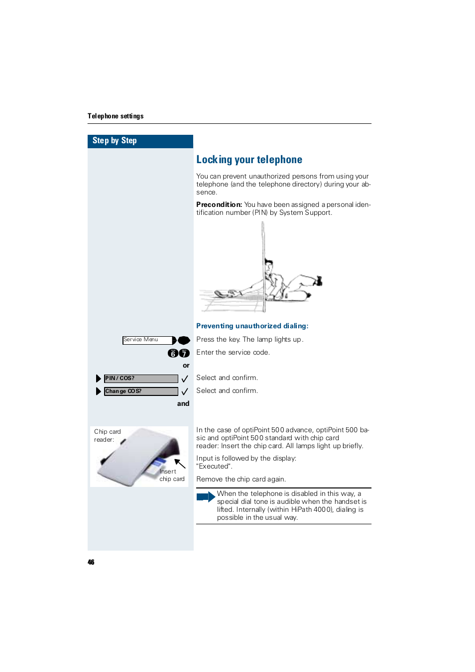 Locking your telephone, Preventing unauthorized dialing | Siemens Hicom 300 E User Manual | Page 46 / 106