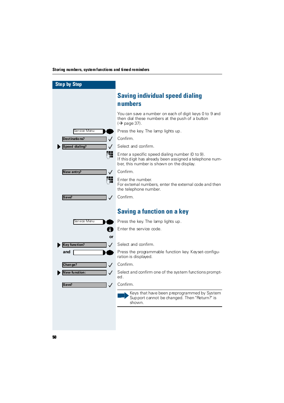 Saving individual speed dialing numbers, Saving a function on a key, Saving individual speed dialing numbers | Siemens Hicom 300 E User Manual | Page 50 / 106