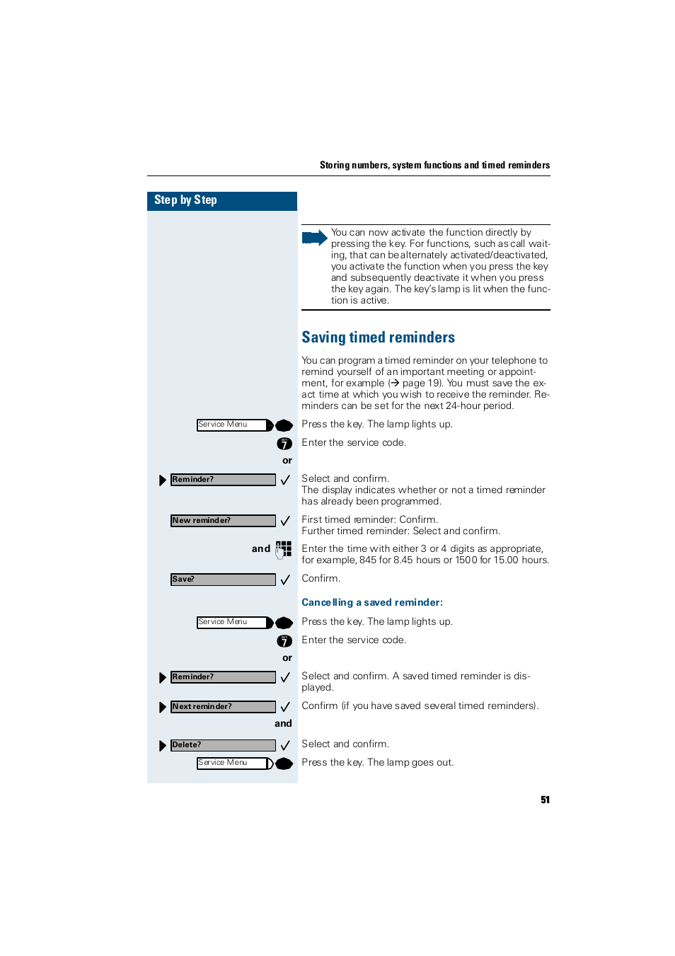 Saving timed reminders, Cancelling a saved reminder | Siemens Hicom 300 E User Manual | Page 51 / 106