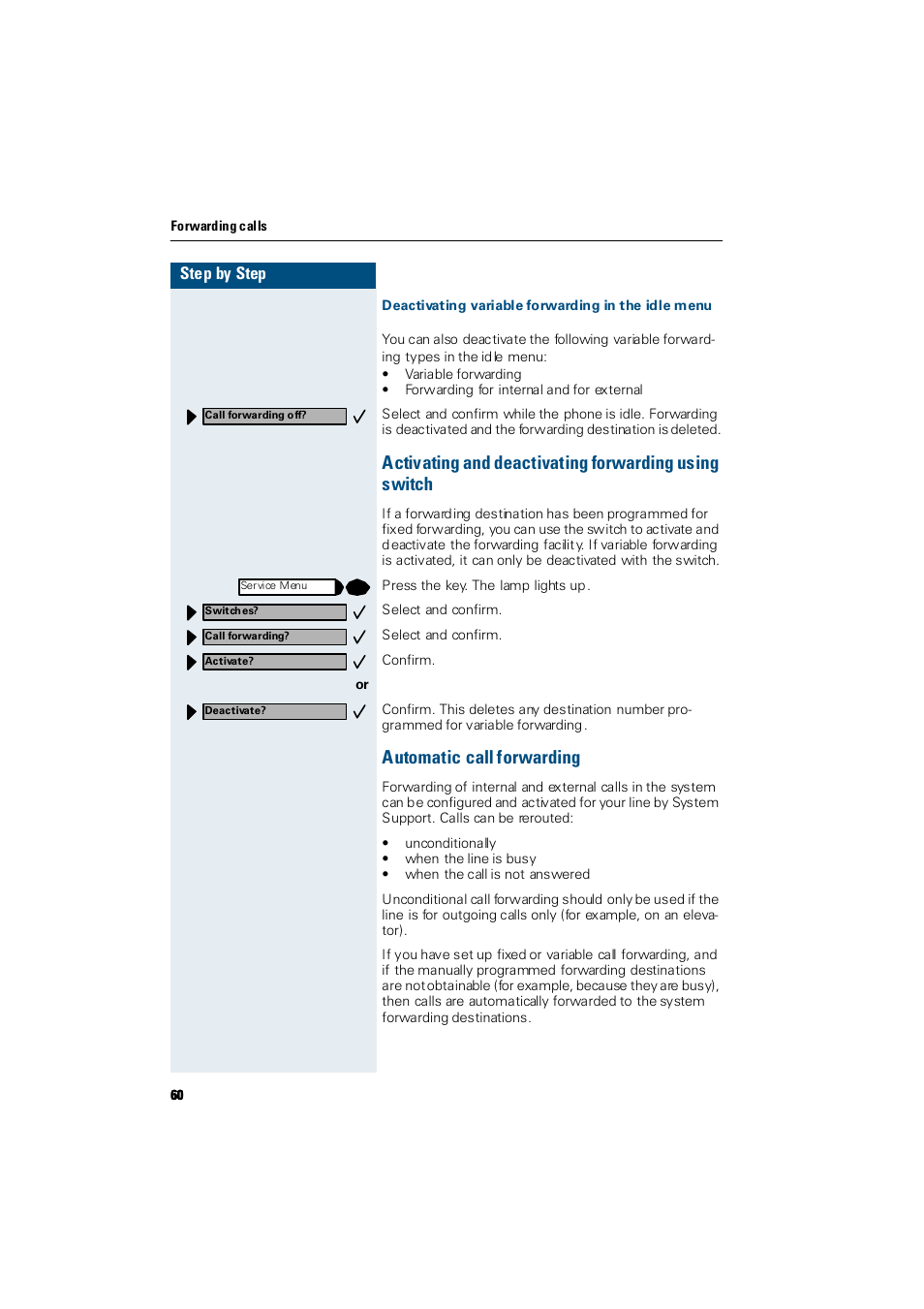 Deactivating variable forwarding in the idle menu, Automatic call forwarding | Siemens Hicom 300 E User Manual | Page 60 / 106