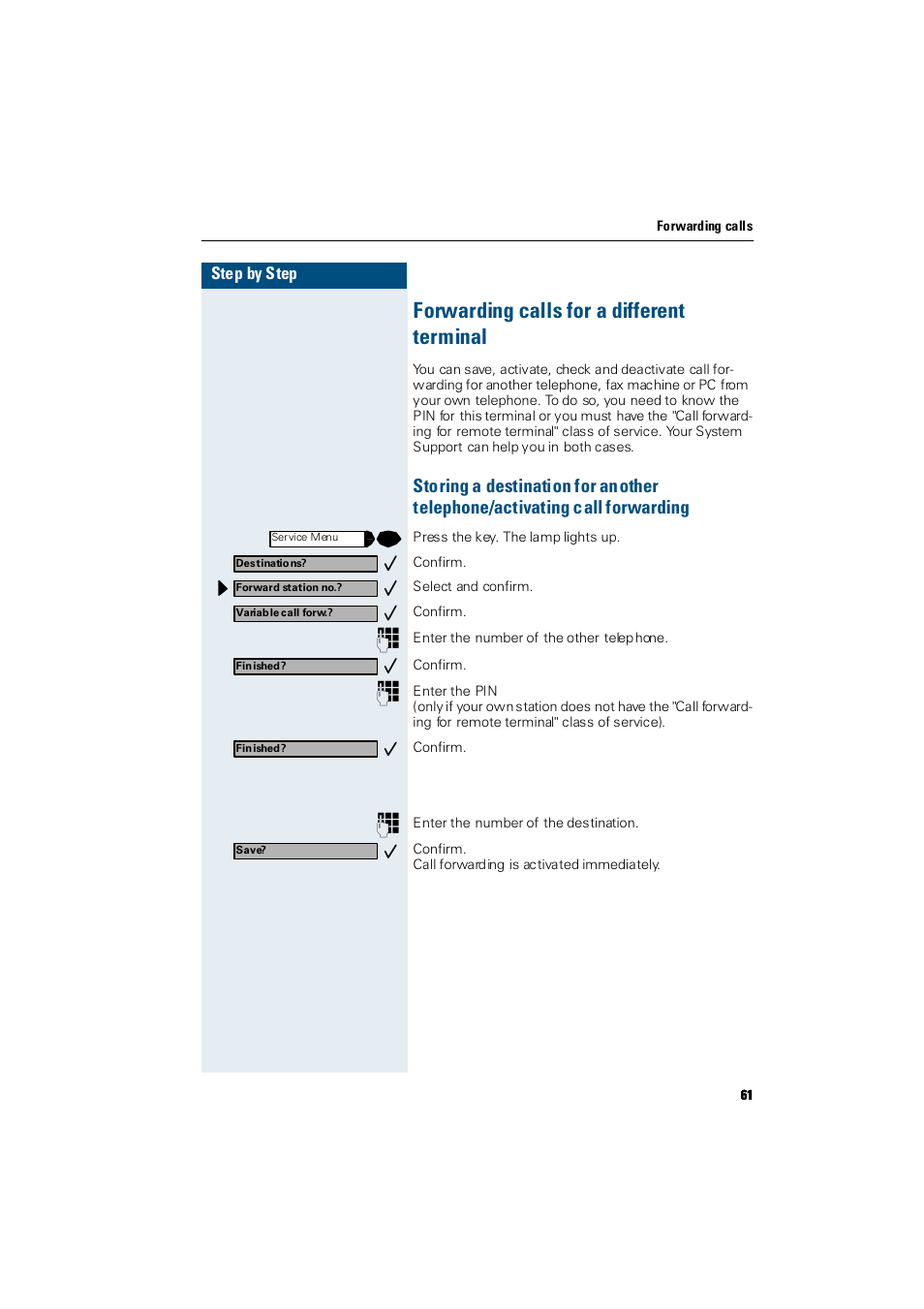 Forwarding calls for a different terminal, Forwarding calls for a different terminal | Siemens Hicom 300 E User Manual | Page 61 / 106