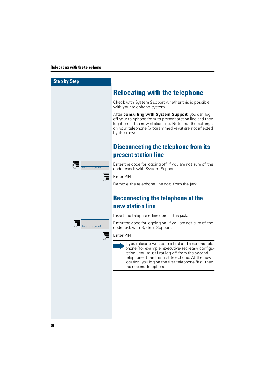 Relocating with the telephone, Reconnecting the telephone at the new station line, Multi-line and team functions | Siemens Hicom 300 E User Manual | Page 68 / 106