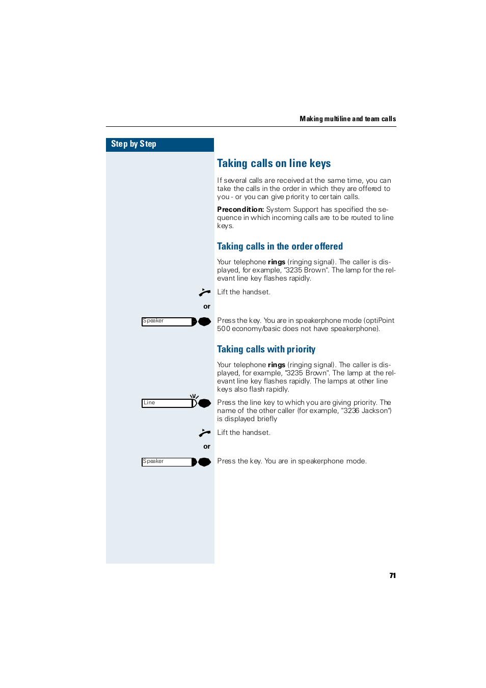 Taking calls on line keys, Taking calls in the order offered, Taking calls with priority | Siemens Hicom 300 E User Manual | Page 71 / 106