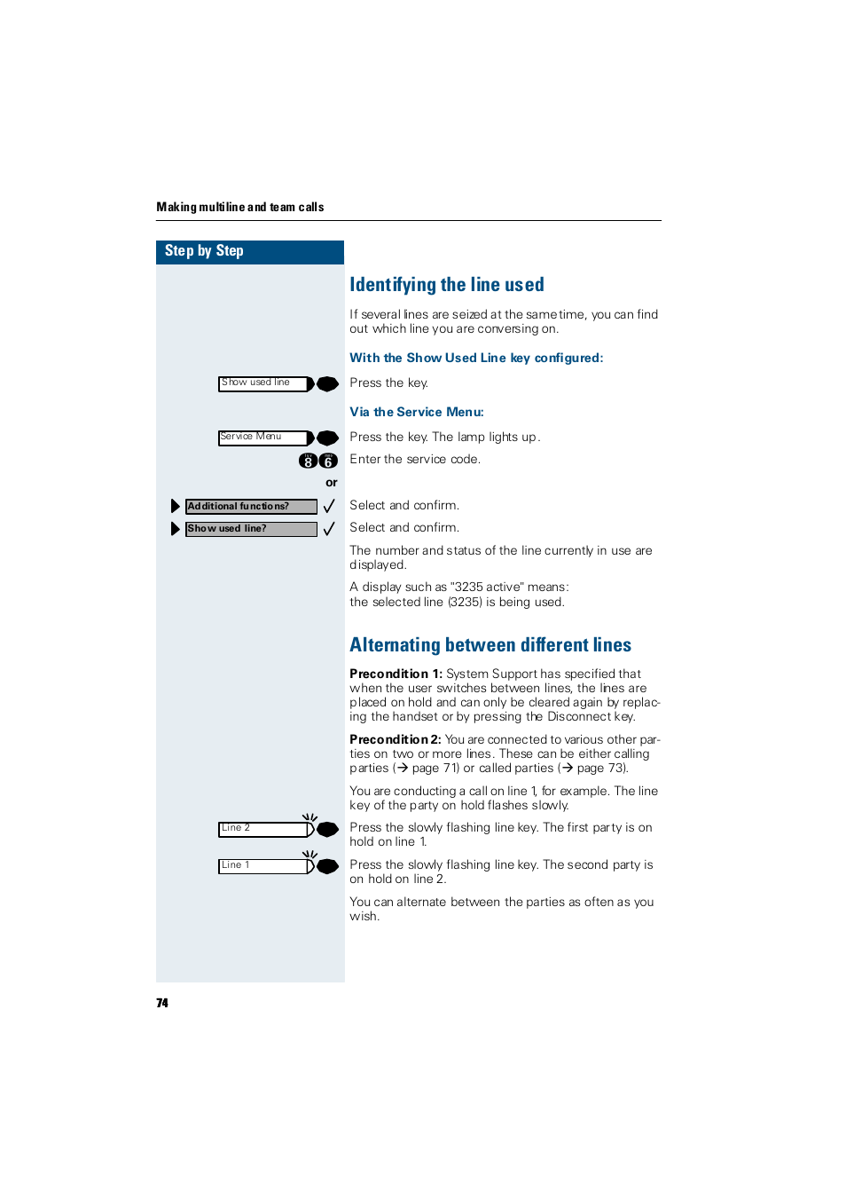 Identifying the line used, With the show used line key configured, Via the service menu | Alternating between different lines | Siemens Hicom 300 E User Manual | Page 74 / 106